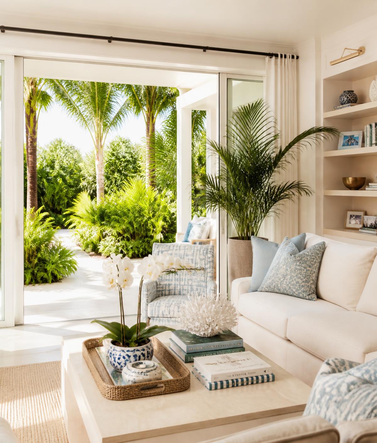 Bright Florida living room opening onto a sunlit palm garden